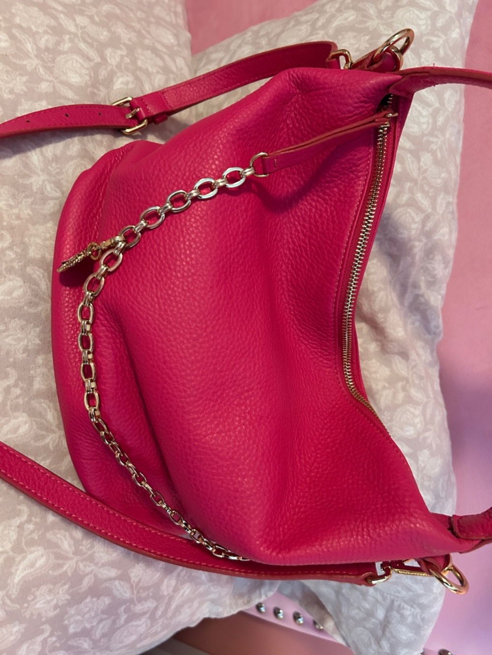 Women's Hot Pink Leather Shoulder Bag with Gold Chain